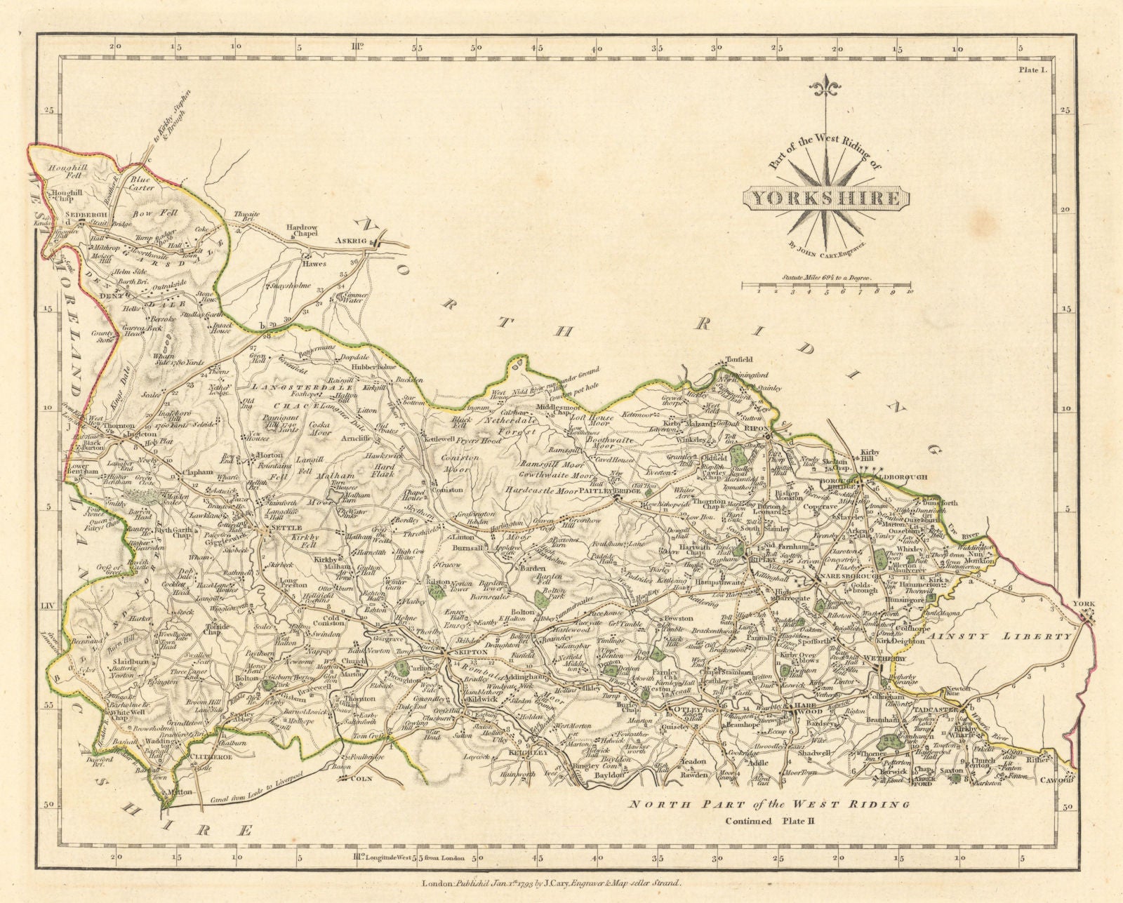 WEST RIDING OF YORKSHIRE-SOUTH antique map by JOHN CARY. Original colour 1793